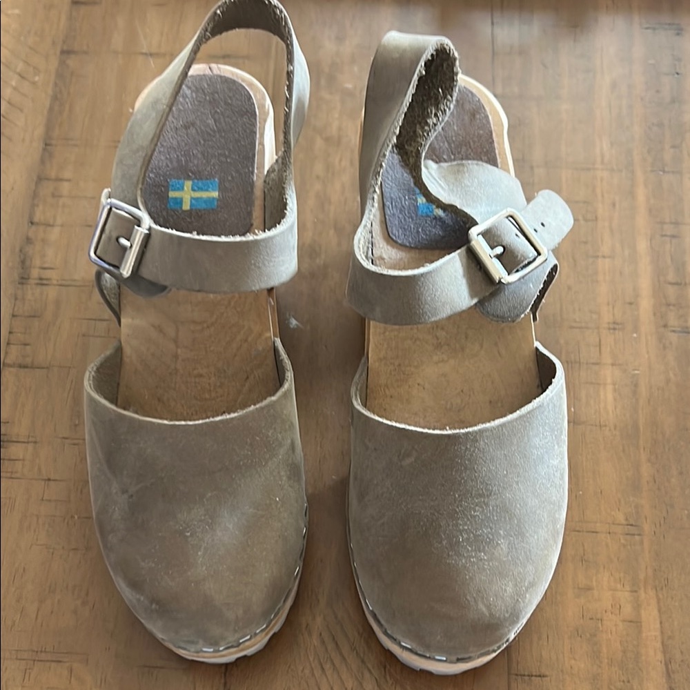 Beige Suede MIA Clogs with Buckle Strap